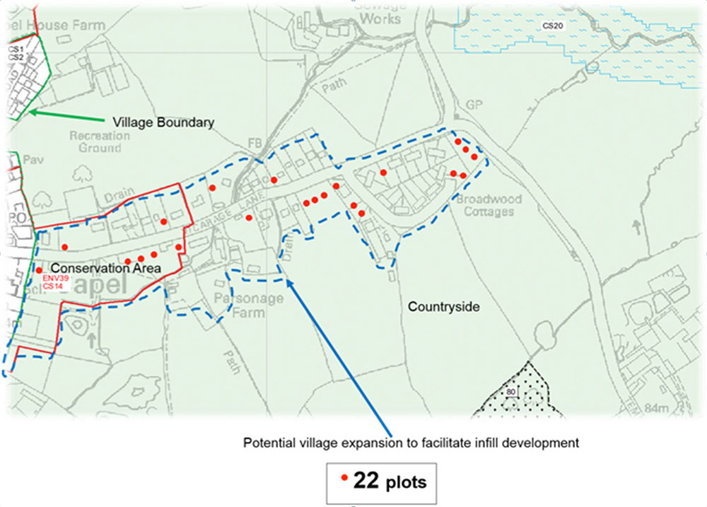 Potential rural village extensions like this could easily unlock several new housing opportunities for private homebuilding without encroaching into the surrounding countryside 