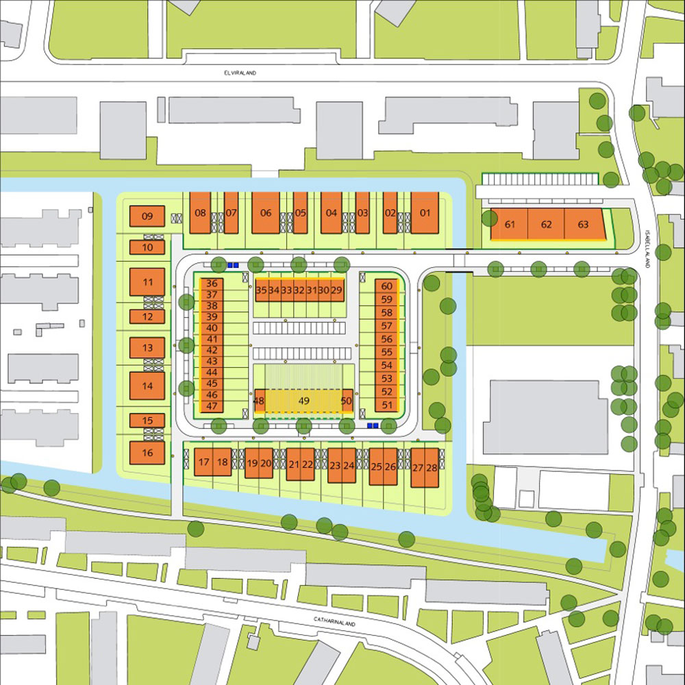 Master plan for Isabellaland – the orange blocks are the footprints within which private homebuilders may build. All plots are reserved for private homebuilders, but plots 48-50, 51-60 and 61-63 are also open to speculative developers, private-rental investors or groups of private homebuilders who want to build together as a company or as a ‘building group’ for their own occupation
