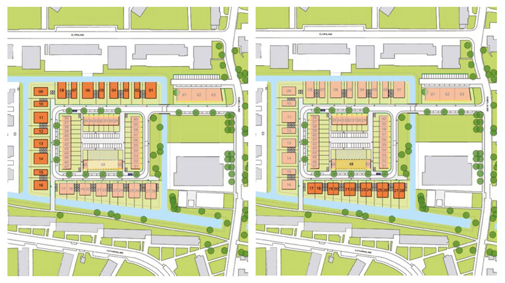 Plots 1-8 (left) must be detached homes of 7m (or 1.5 storeys) in height, are permitted to use the communal parking and can even extend over the adjoining water. Up to two homes per plot are permitted. Plots 9-16 (also left) must provide their own parking within their boundary and can be up to 10m or 2.5 storeys high. Plots 17-28 (right) must be semi-detached homes (which can be different to their neighbour), but can be purchased in pairs and further subdivided to provide between one and four homes up to 7m high. They must provide their own parking within their boundary