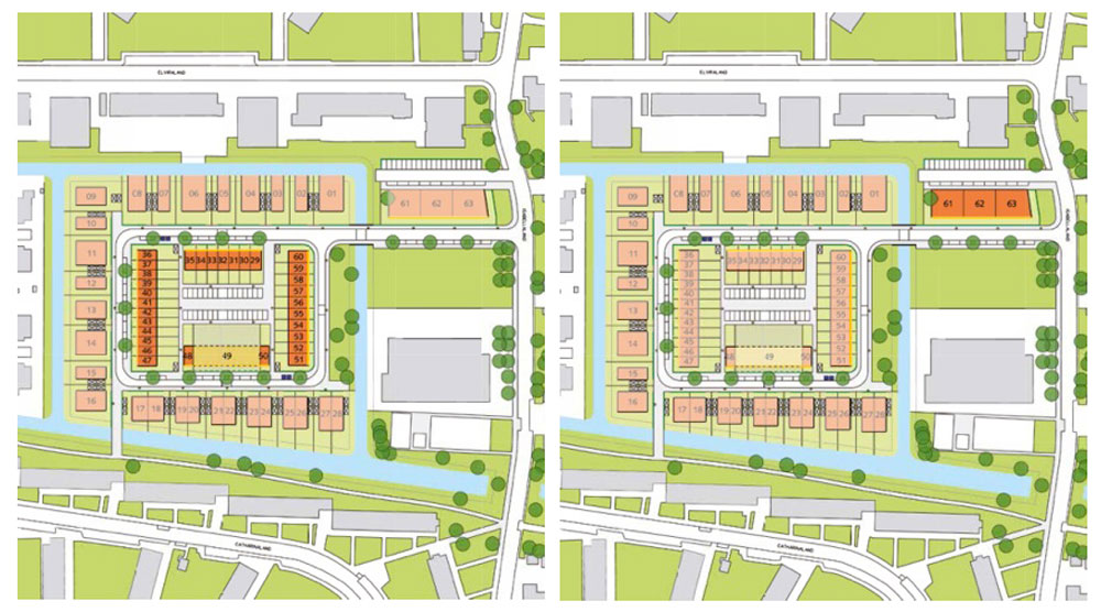 Plots 29-60 (left) must be terraced houses and are available in 4.8m, 5.4m or 5.7m plot widths. All plots are 10m deep and allowed to be built up to a maximum of 10m in height, in either two or three storeys. Plot 49 is special and can be purchased in multiples of 60cm, providing minimum plot widths are adhered to. Plots 61-63 (right) are reserved for apartment blocks and are not restricted to occupation only by those that build them. The plots are roughly 14m square and can be built up to a maximum of 13m. On plots 61 and 62, up to eight homes can be built over four storeys, while plot 63 may accommodate up to 12 homes over six storeys