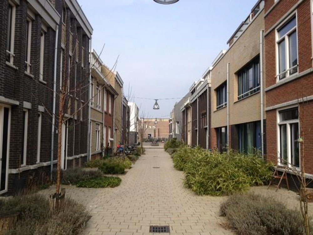Typical streetscape for some of the social housing homes (above, left). The social housing is integrated with private housing (below – social on the right and private homes on the left) 