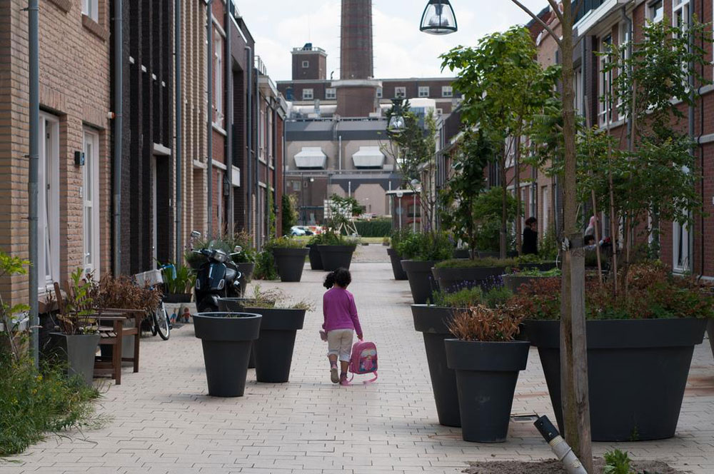 Hiding the car parking between the blocks has created a vibrant, safe public realm on the pedestrianised streets