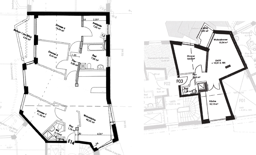 Two typical apartments – the plan on the left is of a 110 sq m, three-bedroom flat on the sixth floor of ‘House E’; the plan on the right is of a 44 sq m, one-bedroom apartment on the first floor of ‘House F’. The floor plans were customised to suit each occupant 