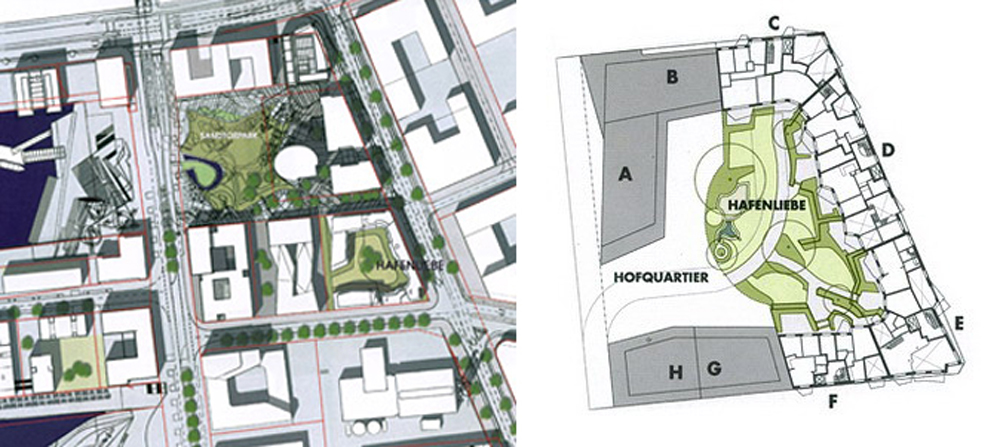 The Hafenliebe project comprises four clusters of apartments – each of which has its own entrance and is structurally separate from the others – labelled C, D, E and F on the plan above 