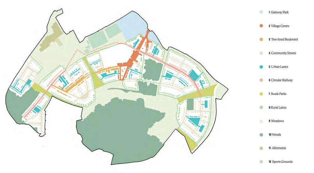 Plan showing the 12 character zones. For each of these the Design Code generally spells out a set of principles, and identifies which issues have to be addressed by the plot purchaser, and which by the “off-plot” developer
